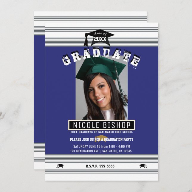 Royal Blue Silver Elegant Photo Graduation Party   Invitation (Front/Back)