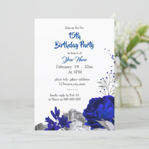 royal blue silver floral birthday invitation