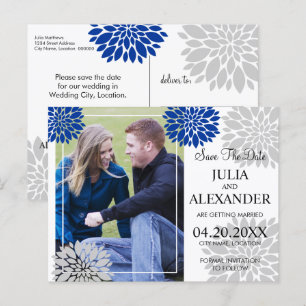 Royal Blue Silver Floral Burst Photo Save The Date Announcement Postcard