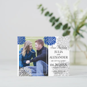 Royal Blue Silver Floral Burst Photo Save The Date Announcement Postcard