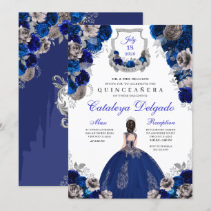 Royal Blue & Silver Floral Elegant Quinceañera Invitation