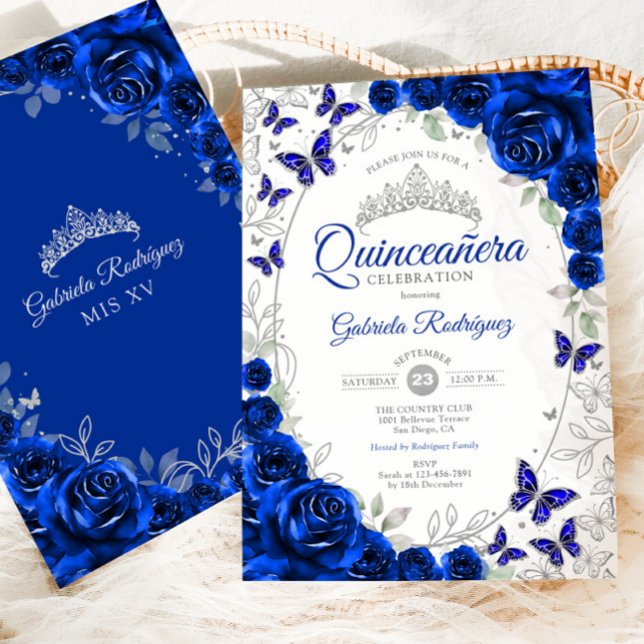Royal Blue Silver Floral Quinceanera Invitation (Creator Uploaded)
