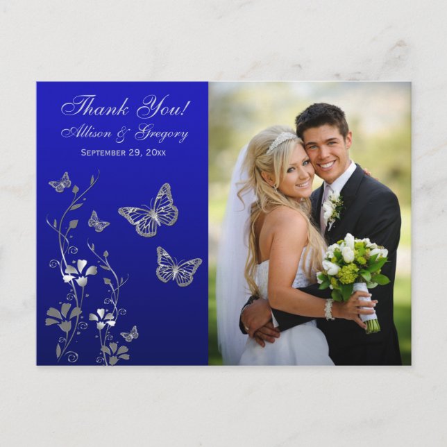 Royal Blue, Silver Floral Thank You Photo Postcard (Front)