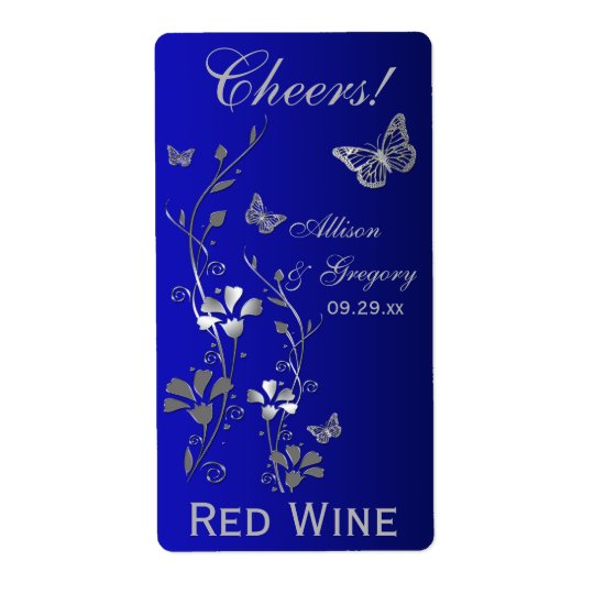 Royal Blue, Silver Floral Wedding Bottle Label Shipping Label