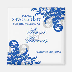 Royal Blue Silver Flourish Save The Date Magnet