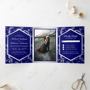 Royal Blue Silver Flourish Swirl Wedding Photo Tri-Fold Invitation