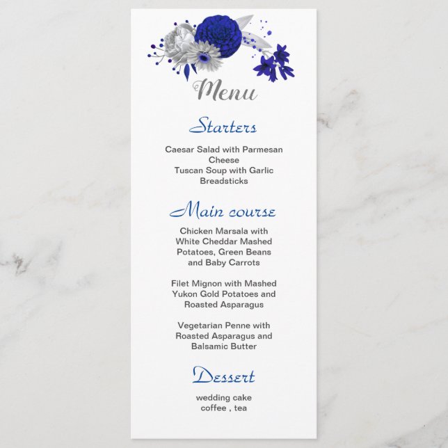 royal blue silver flowers blanc mariage menu (Devant)