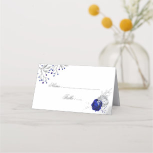 royal blue & silver flowers botanical place card