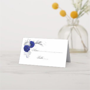 royal blue & silver flowers botanical place card