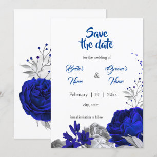 royal blue silver flowers botanical save the date invitation