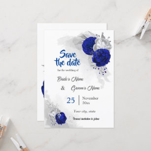 royal blue  silver flowers botanical save the date invitation