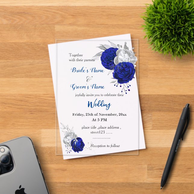 royal blue & silver flowers botanical wedding acrylic invitations (Insitu (Invitation Card))