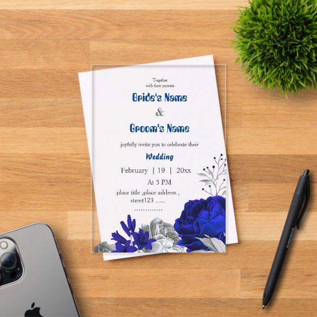 royal blue & silver flowers botanical wedding acrylic invitations (Insitu (Invitation Card))