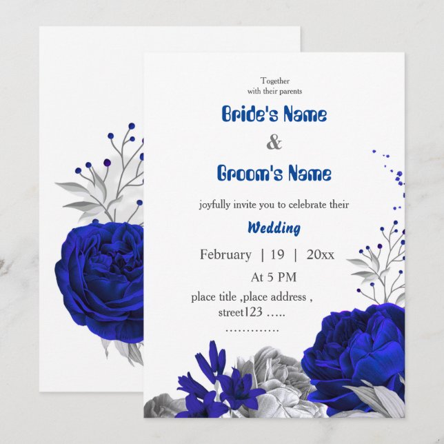 royal blue & silver flowers botanical wedding invitation (Front/Back)