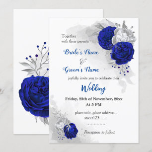 royal blue & silver flowers botanical wedding invitation