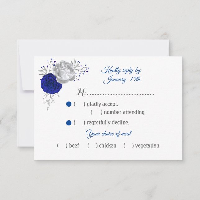 royal blue & silver flowers meal choice RSVP card (Front)