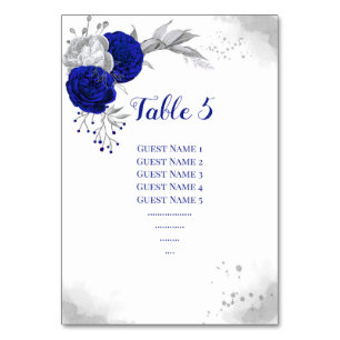 royal blue & silver flowers seating chart table number