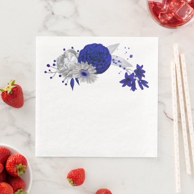 royal blue & silver flowers & silver leaves napkin (Insitu)