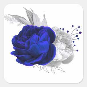 royal blue & silver flowers white square sticker