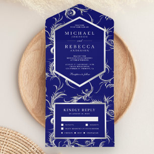 Royal Blue Silver Foil Flourish Swirl Wedding All In One Invitation