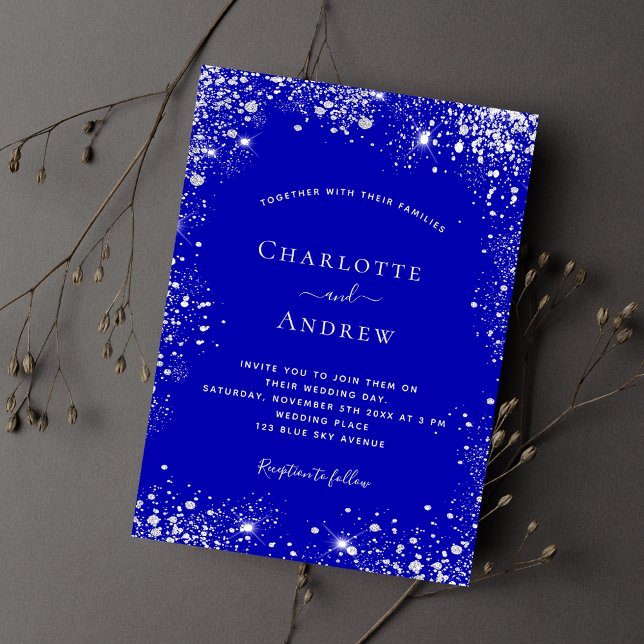 Royal blue silver glitter dust wedding invitation (Creator Uploaded)