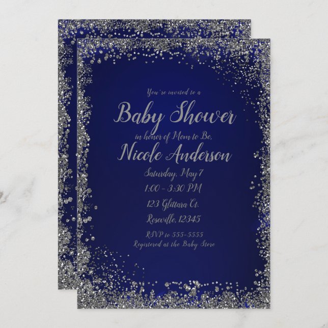 Royal Blue Silver Glitter Glam Modern Baby Shower Invitation (Front/Back)