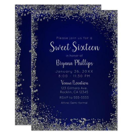 Royal Blue & Silver Glitter Glam Sweet 16 Party Invitation