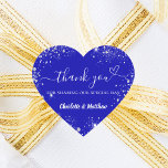 Royal blue silver glitter heart thank you wedding heart sticker<br><div class="desc">A royal blue background. Decorated with faux silver glitter,  sparkles and a heart. Personalize and add your names. With the text: Thank you for sharing our special day.</div>