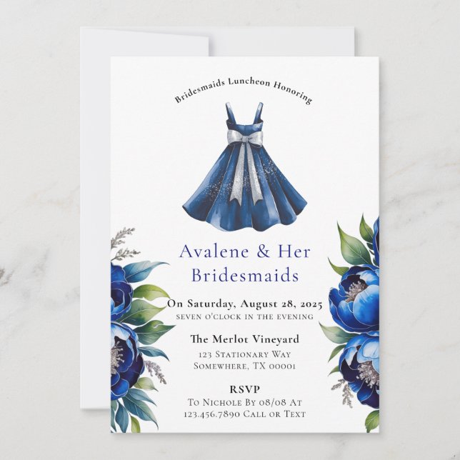 Royal Blue Silver Glitter Peony Bridesmaids Lunch Invitation (Front)