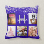 Royal blue silver glitter photo collage name throw pillow<br><div class="desc">A unique gift for a birthday, Christmas, mother's day, celebrating her life with a collage of 5 of your own photos, pictures. Personalize and add her name and monogram letter. A trendy royal blue background. Decorated with faux silver glitter dust. Grey and white letters. The name is written with a...</div>
