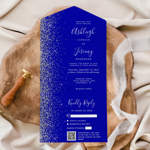 Royal Blue Silver Glitter QR Code Wedding All In One Invitation