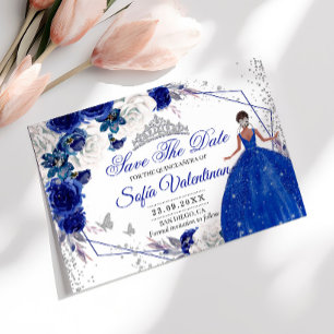 Royal Blue Silver Glitter Quinceañera Princess Save The Date