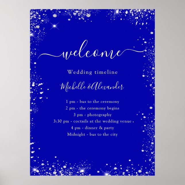 Royal blue silver glitter wedding program timeline poster (Front)
