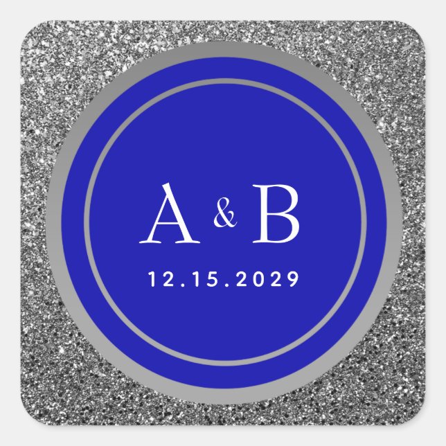 Royal Blue Silver Glitter Wedding Square Sticker (Front)