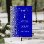 Royal Blue Silver Glitter Wedding Table Number<br><div class="desc">The left-hand edge of this elegant modern wedding table number card features a silver faux glitter border. The word "table" appears in white whimsical handwriting script on a royal blue background. Add the names of your guests who are assigned to each table</div>