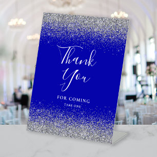 Royal Blue Silver Glitter Wedding Thank You Pedestal Sign