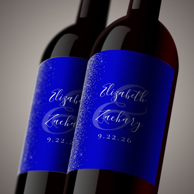Royal Blue Silver Glitter Wedding Wine Label (Creator Uploaded)