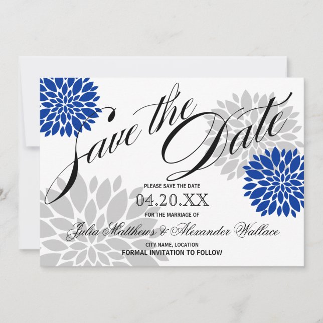 Royal Blue Silver-Grey Burst Script Save The Date (Front)