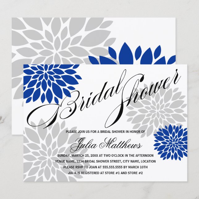 Royal Blue Silver-Grey Floral Burst Bridal Shower Invitation (Front/Back)