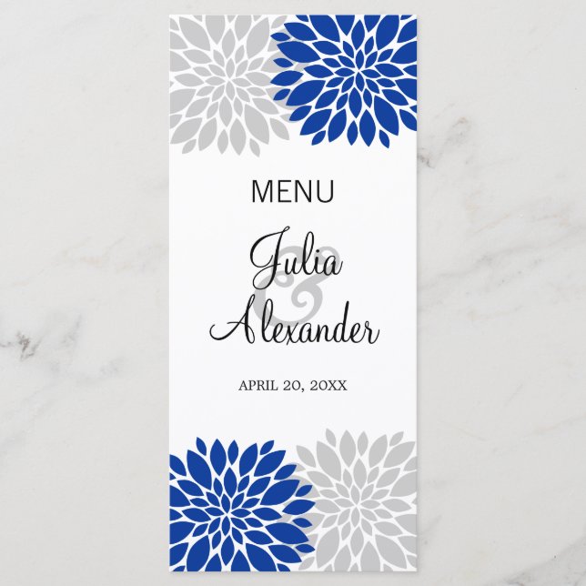 Royal Blue Silver-Grey Floral Burst Menu (Front)