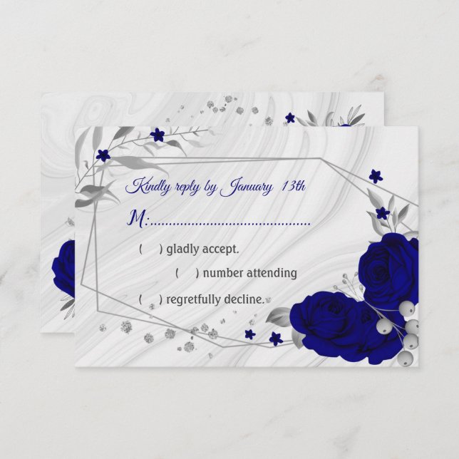 royal blue silver grey floral geometric RSVP card (Front/Back)
