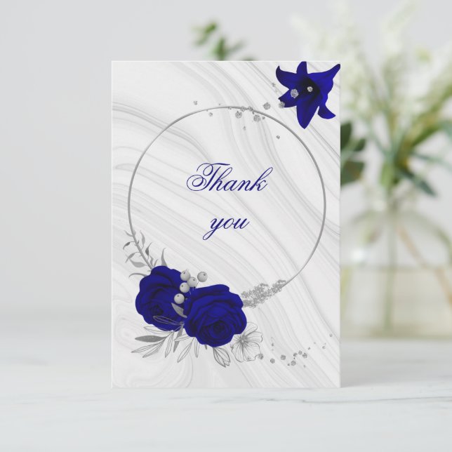 royal blue silver grey floral marble thank you card (Standing Front)