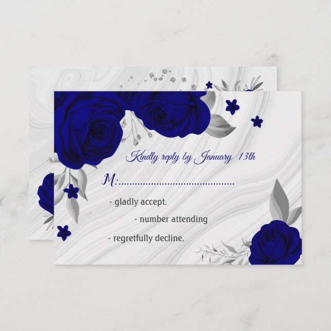 royal blue silver grey floral  RSVP card (Front/Back)