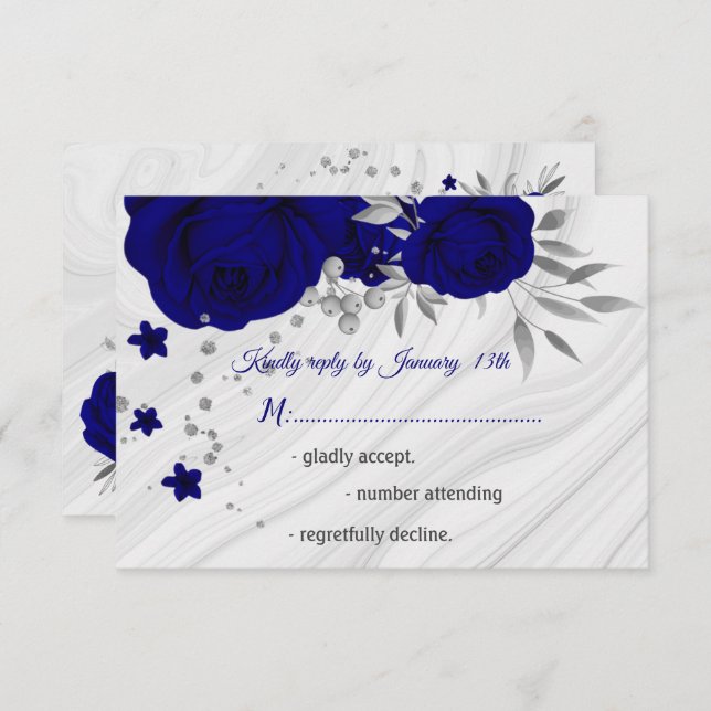royal blue silver grey floral  RSVP card (Front/Back)