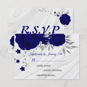 royal blue silver grey floral RSVP card