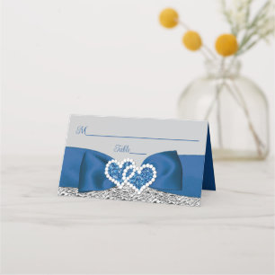 Royal Blue, Silver, Grey Love Hearts Wedding Place Card