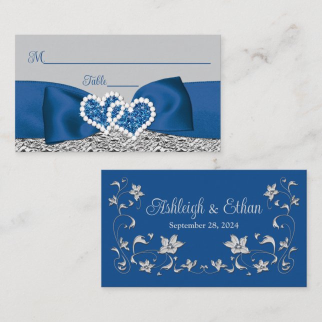 Royal Blue, Silver, Grey Love Hearts Wedding Place Card (Front/Back)