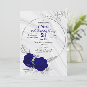 royal blue silver grey wreath birthday party invitation