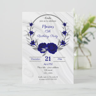 royal blue silver grey wreath birthday party invitation