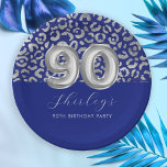 Royal Blue Silver Leopard Print 90th Birthday Paper Plate<br><div class="desc">The top half of this chic design features a pattern of sparkly silver leopard spots on a royal blue background, with "90" in large silver balloon numbers. Add the guest of honour's name in elegant silver grey handwriting script on a royal blue background, with the words "90th birthday party in...</div>